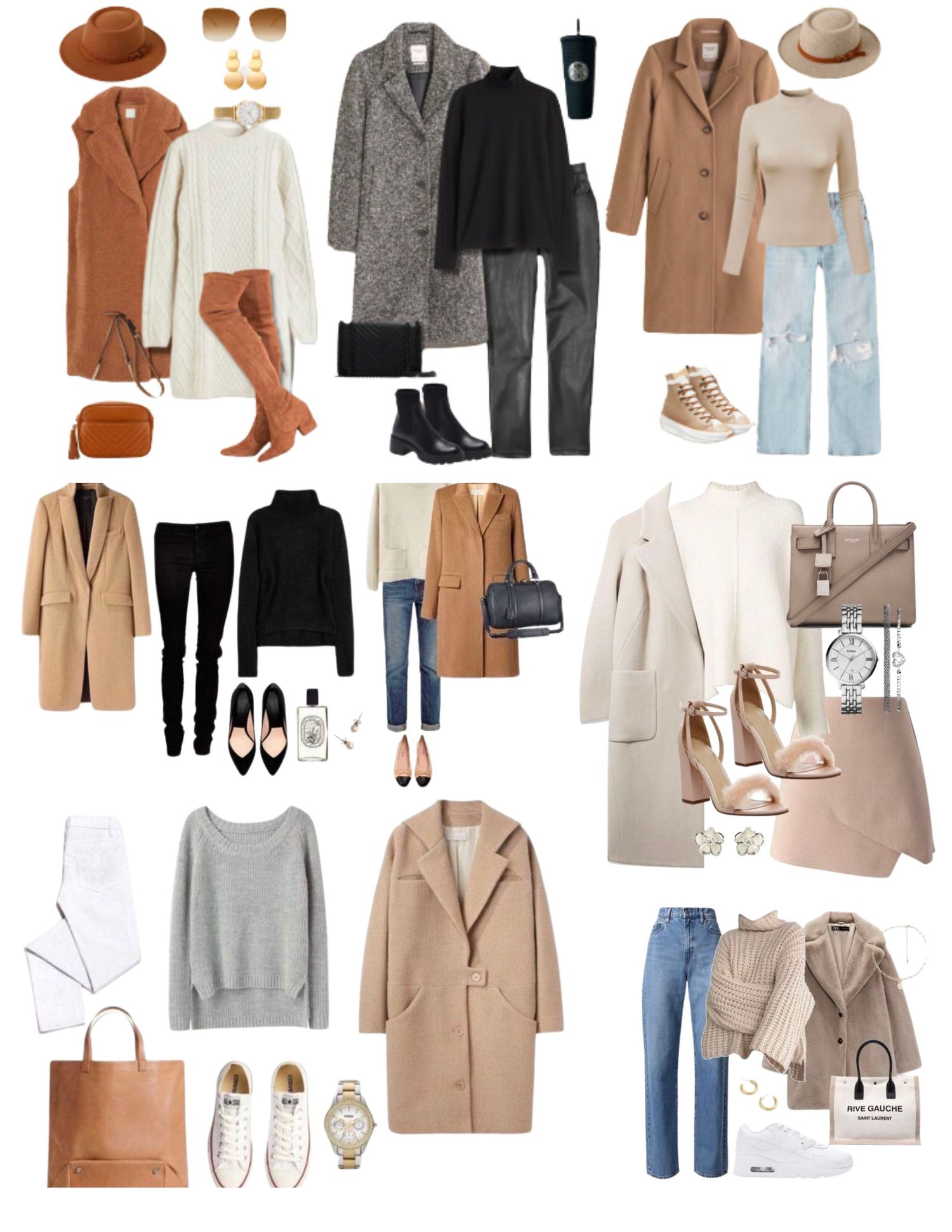Minimalist capsule wardrobe featuring neutral coats, sweaters, jeans and accessories in beige and gray tones.