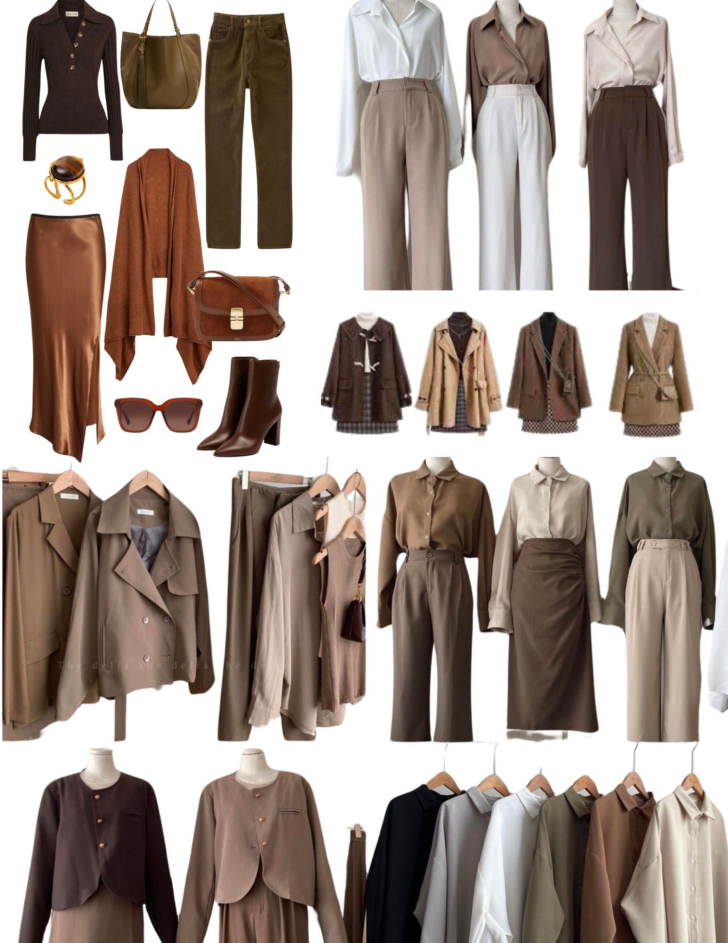 Professional wardrobe collection featuring brown, beige and neutral toned coats, pants and dresses.