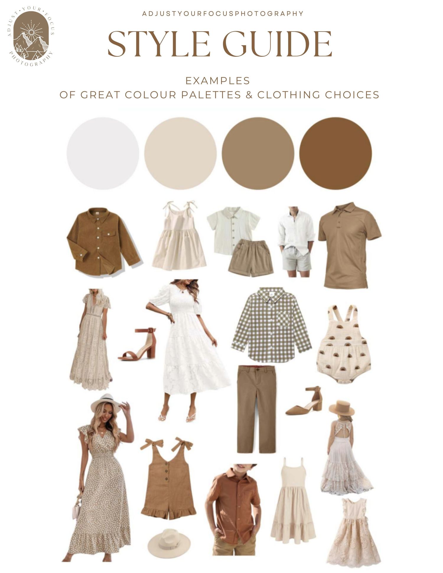 Fashion mood board featuring earth-toned clothing pieces and neutral color palette swatches.