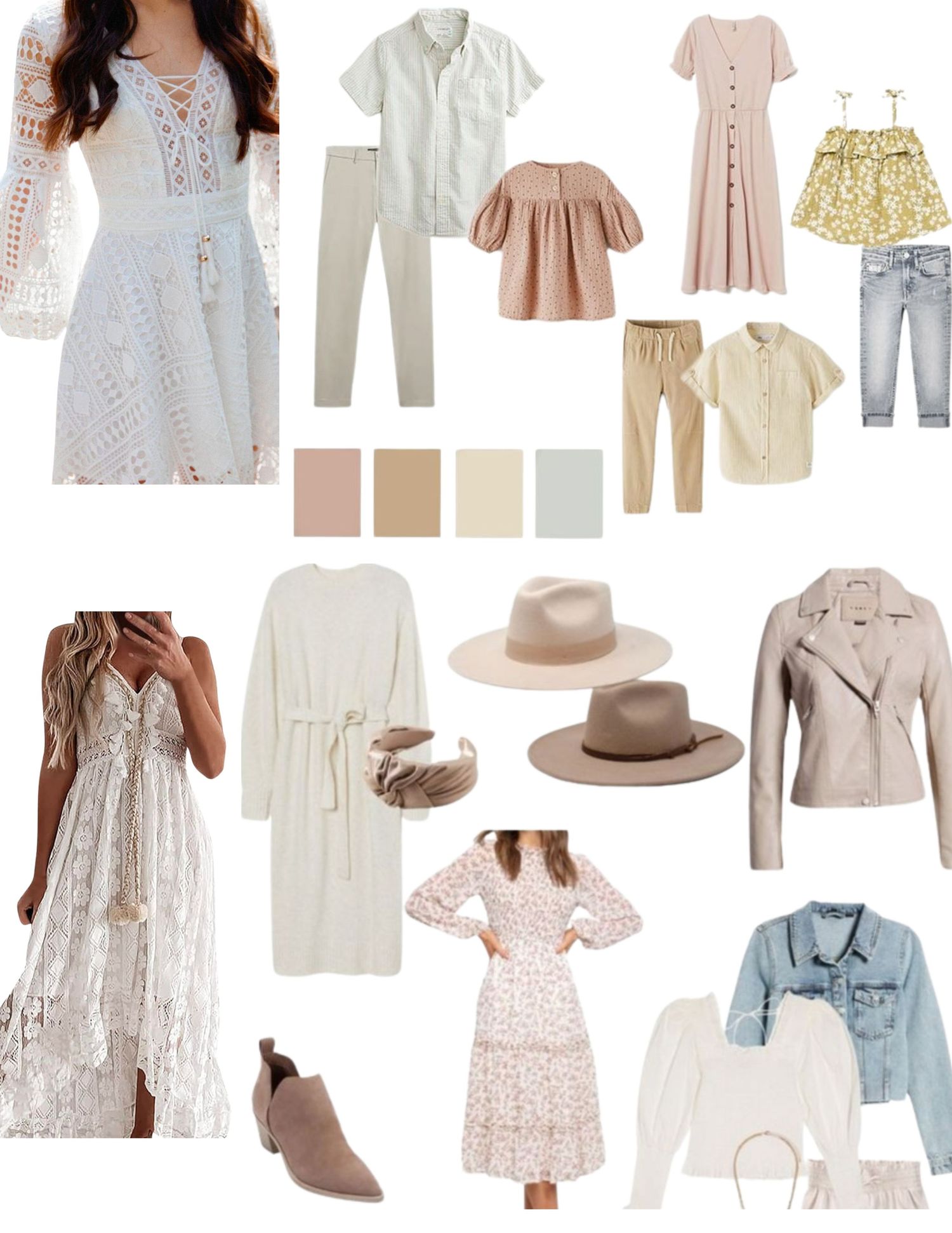 Romantic spring fashion collection featuring lace dresses, neutral separates and feminine accessories.