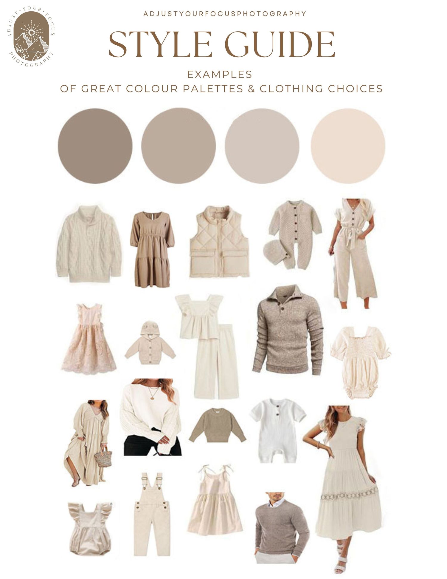 Neutral beige and cream colored clothing style guide featuring dresses, rompers, and outerwear in a coordinated palette.