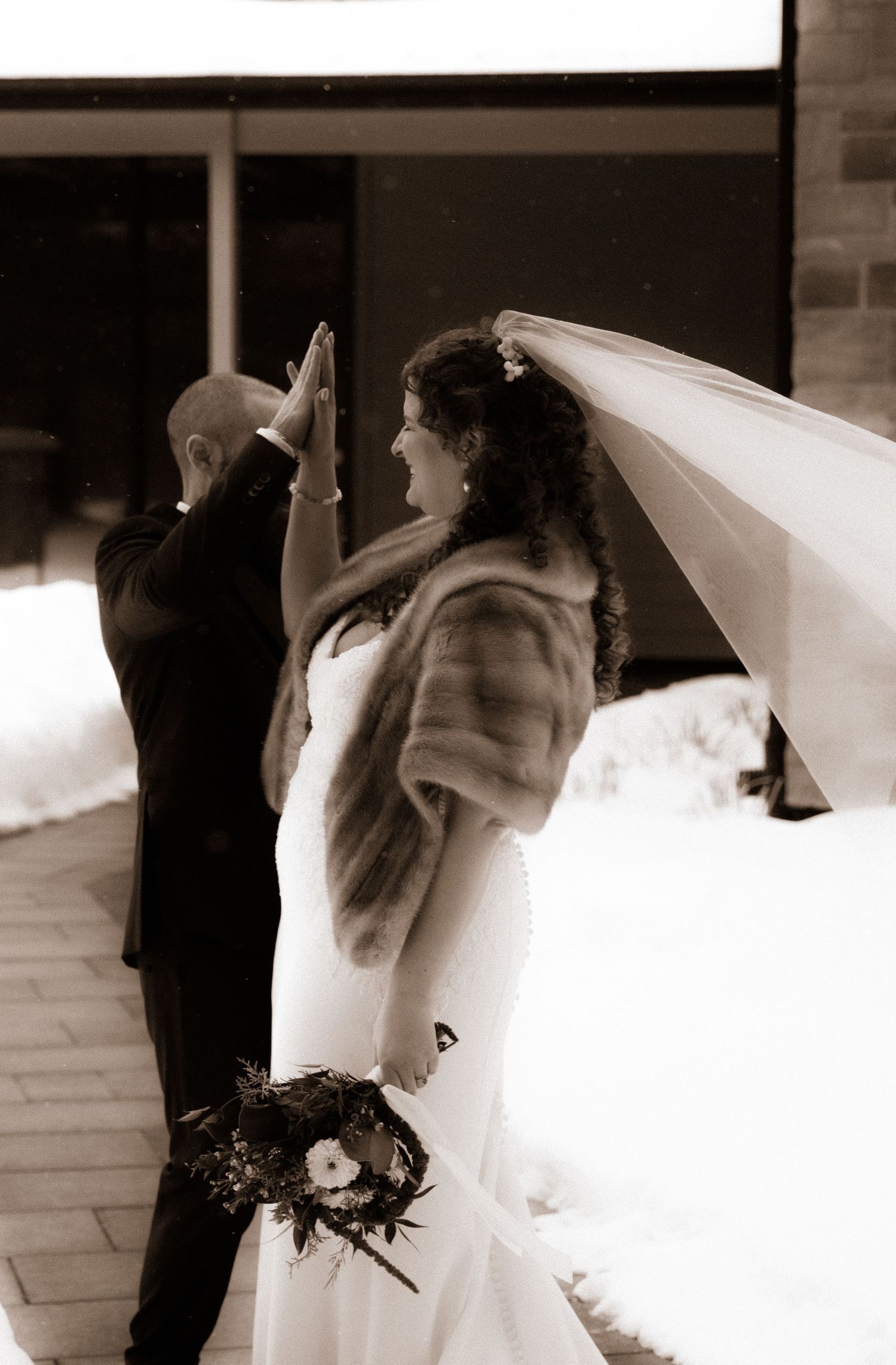A sequence of sepia-toned wedding photos showing the bride's flowing veil movement in an artistic composition.
