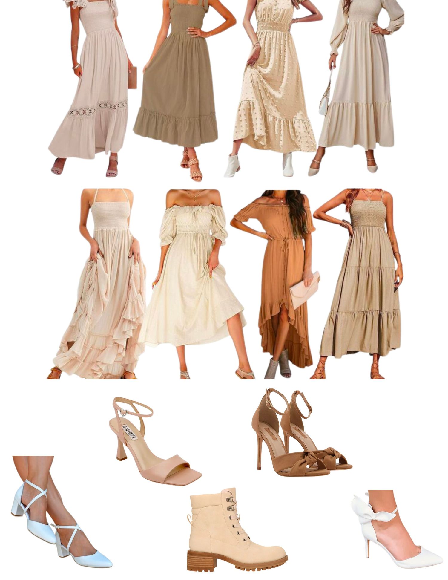 Collection of maxi dresses and footwear in neutral beige and cream tones with various heel heights.