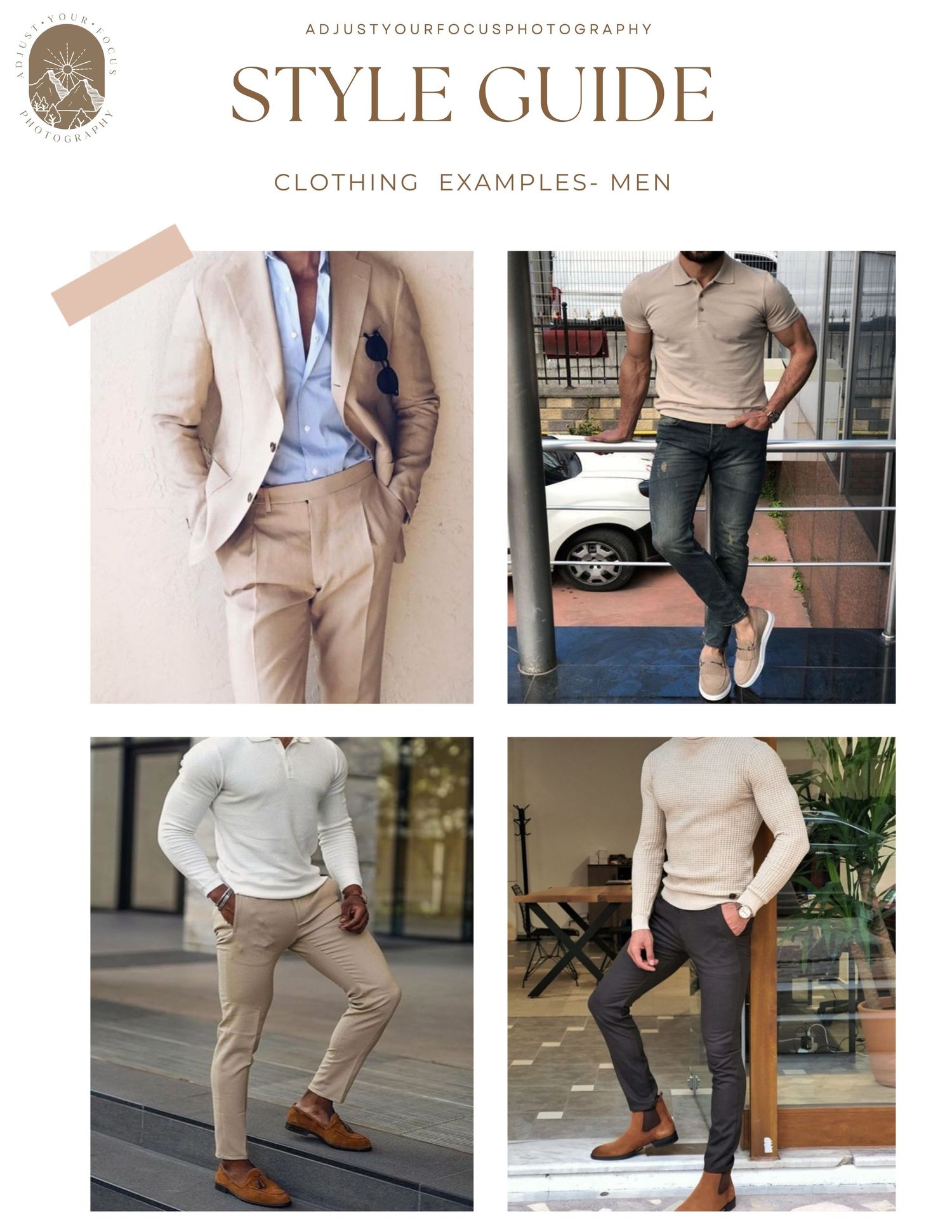 Men's style guide featuring neutral suits, casual wear and business attire in tan and beige tones.