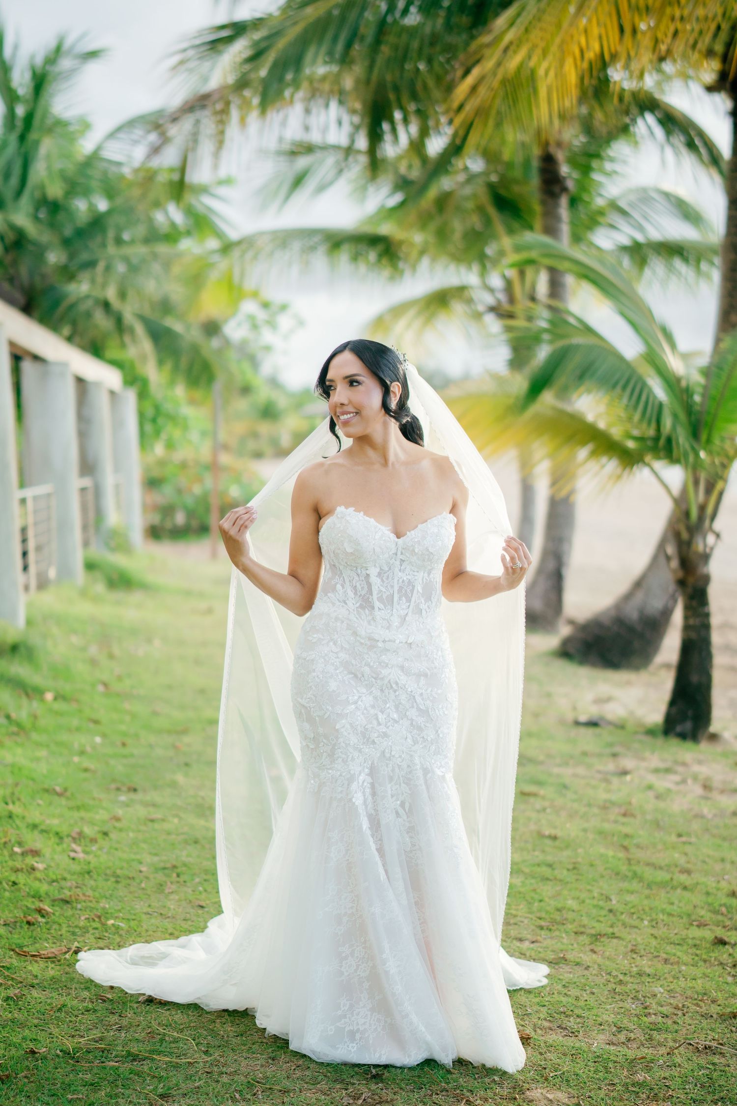 Bride in strapless lace mermaid wedding gown and flowing veil poses outdoors among tropical palm trees.