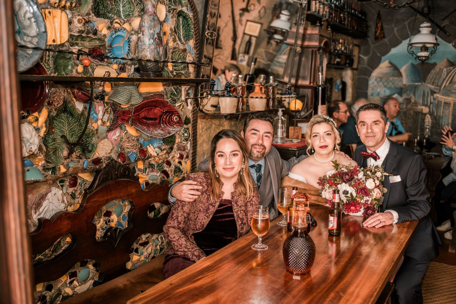 Wedding dinner celebration with family and friends at an intimate destination wedding in Portugal.