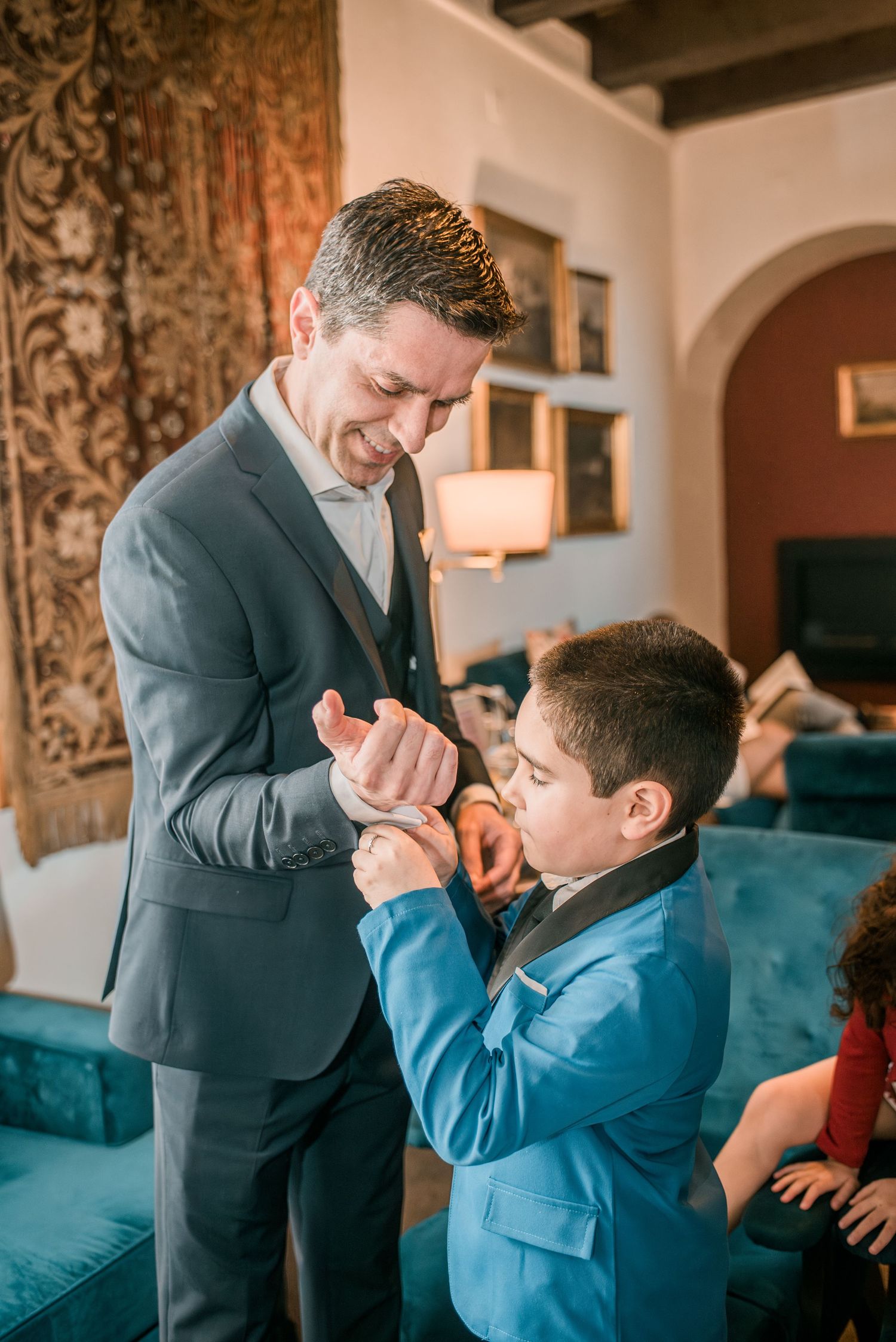 Wedding dinner celebration with family and friends at an intimate destination wedding in Portugal.