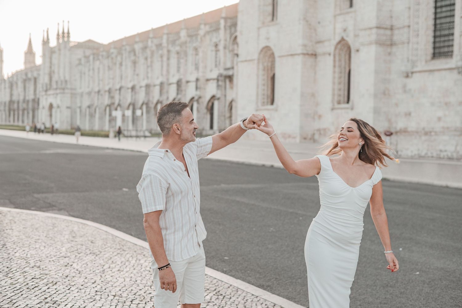 Candid joyful moments during a engagement session in Lisbon