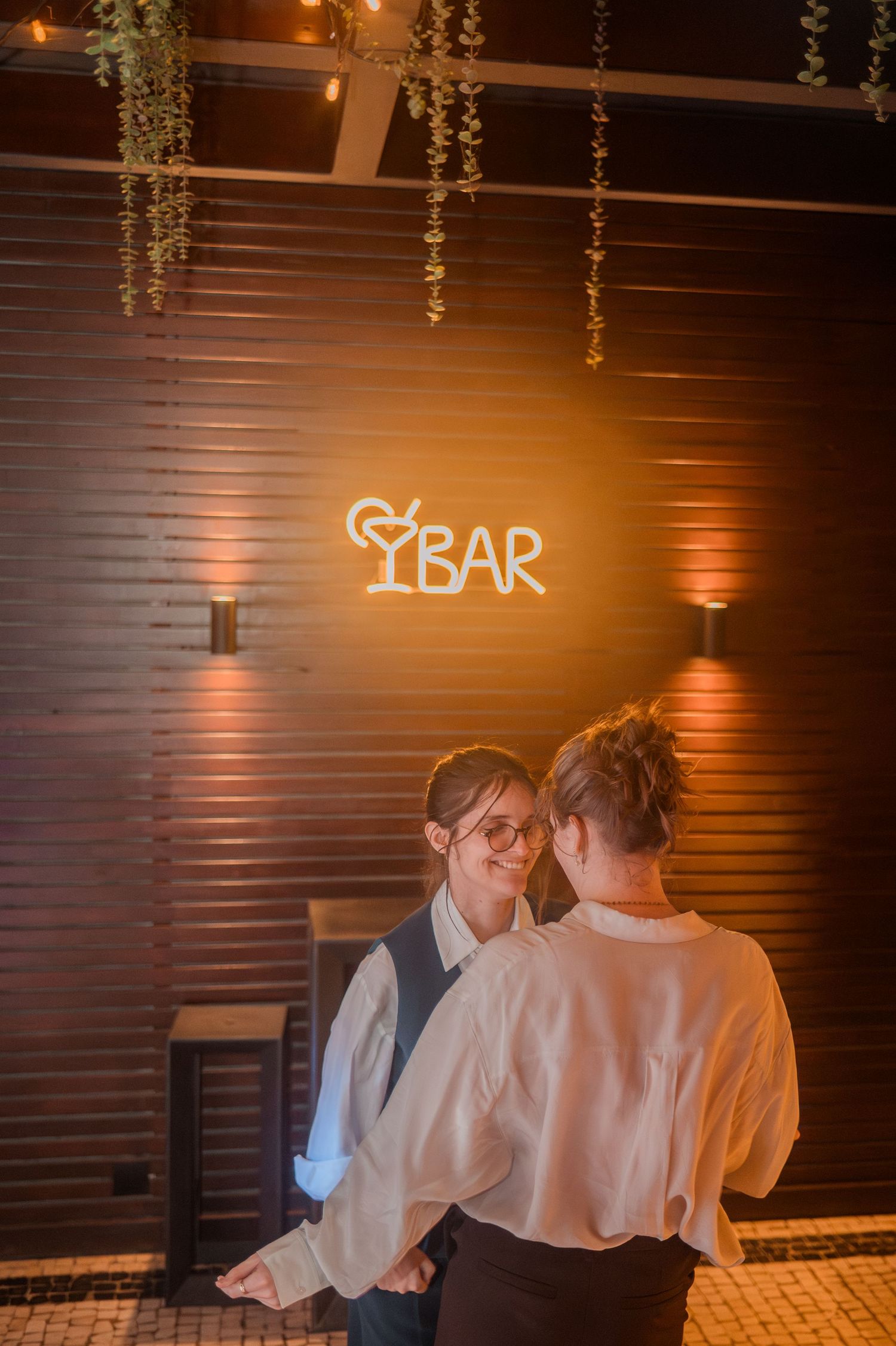 Winter wedding in Porto, Portugal, with Christmas lights and festive decorations in December.