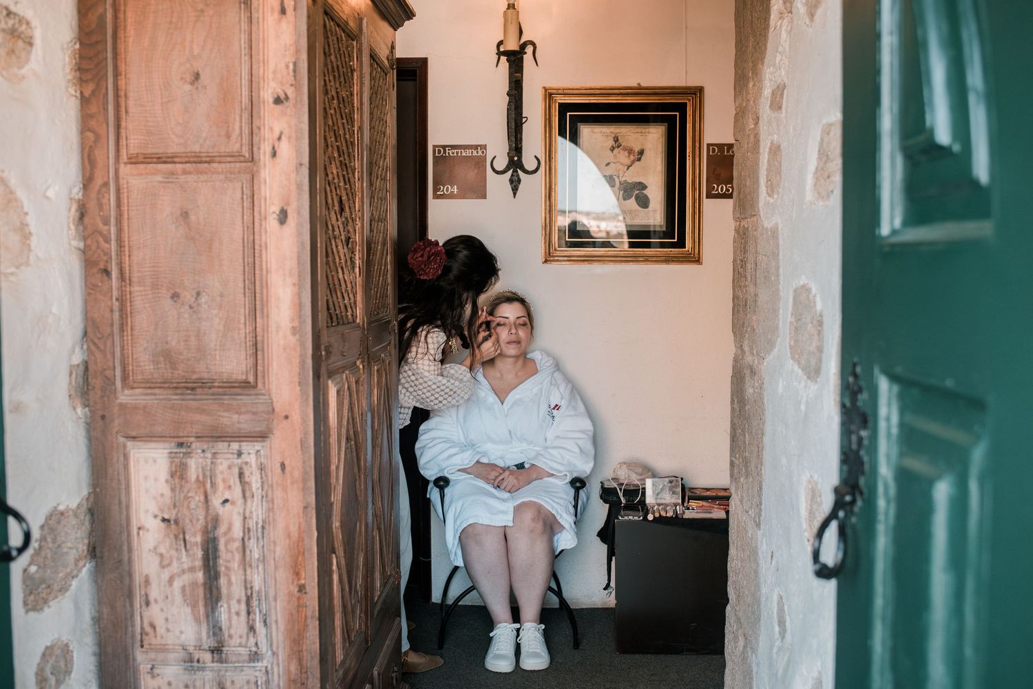 Elegant bride during destination wedding preparations in Óbidos, Portugal.