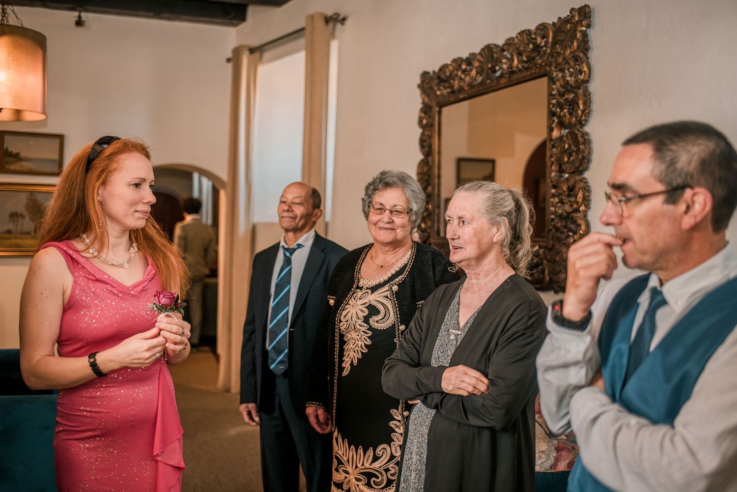 Wedding dinner celebration with family and friends at an intimate destination wedding in Portugal.