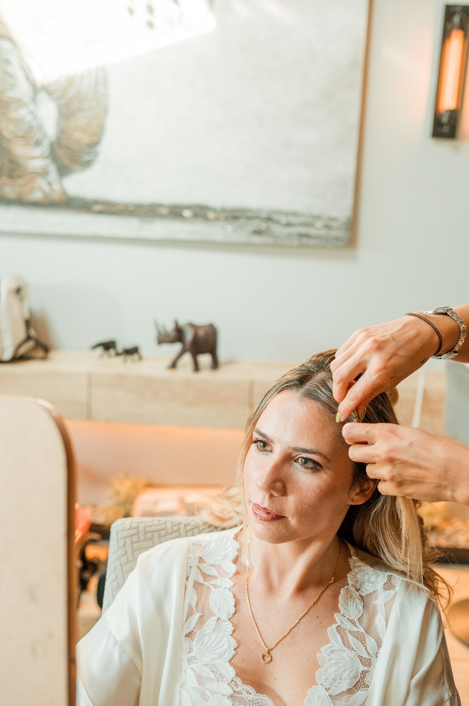 Elegant bride during destination wedding preparations in Cascais, Portugal.