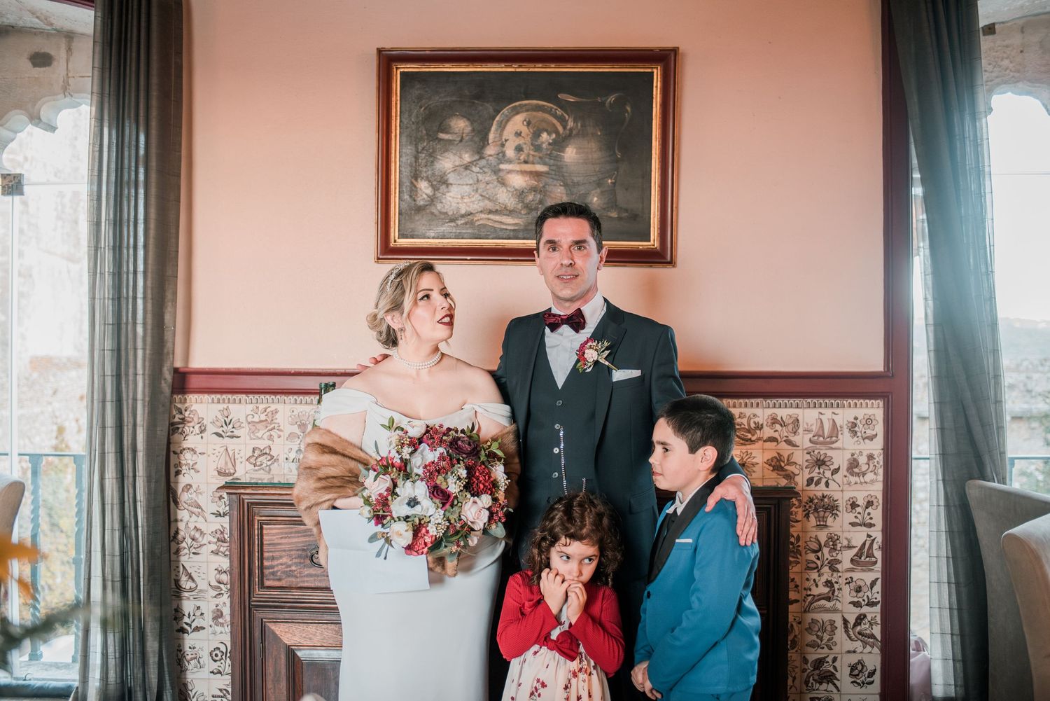 Wedding dinner celebration with family and friends at an intimate destination wedding in Portugal.
