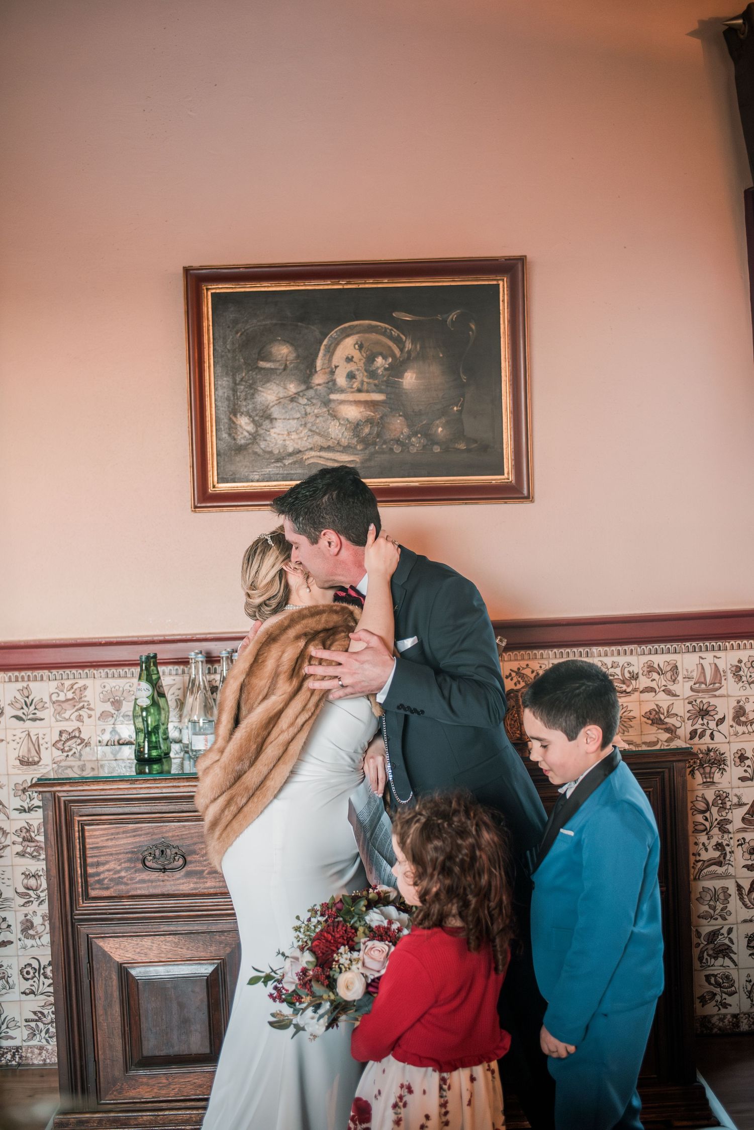 Wedding dinner celebration with family and friends at an intimate destination wedding in Portugal.