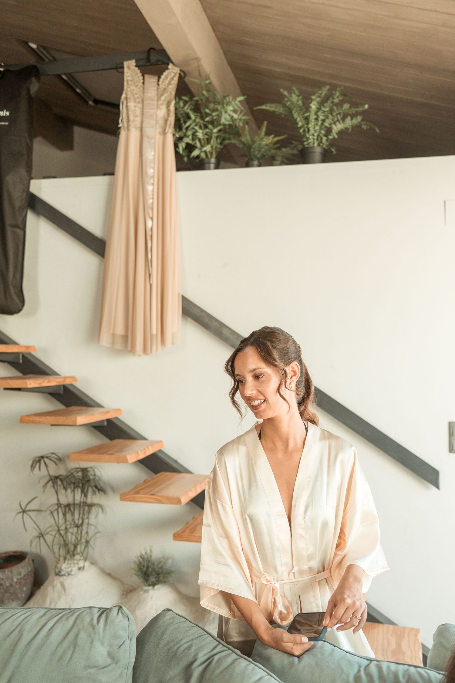 Elegant friend' bride during destination wedding preparations in Cascais, Portugal.