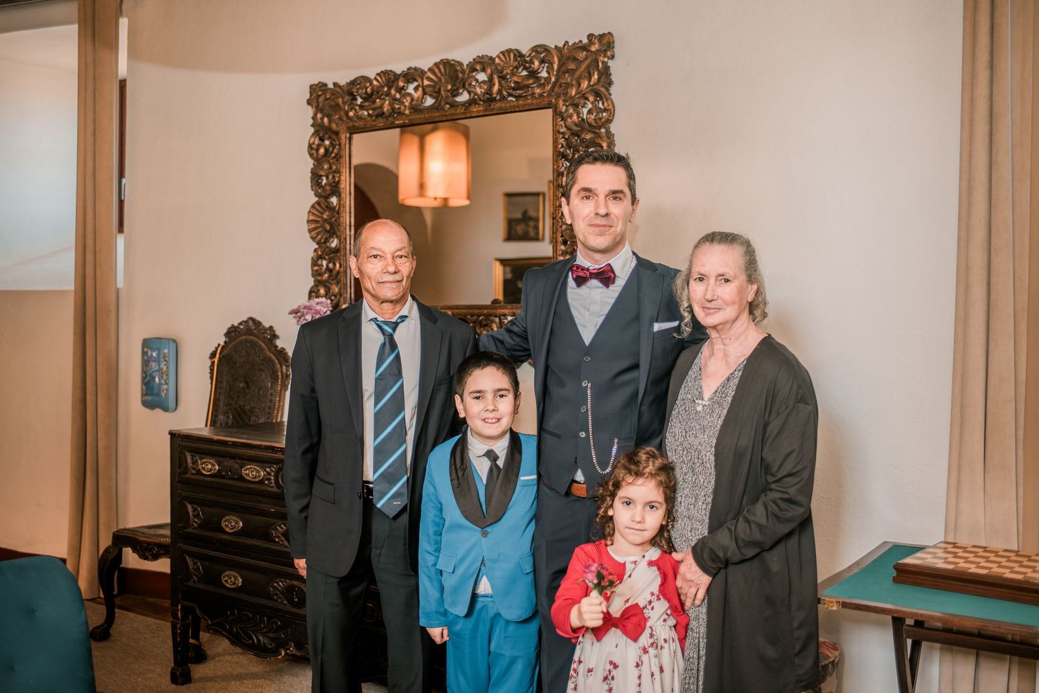 Wedding dinner celebration with family and friends at an intimate destination wedding in Portugal.