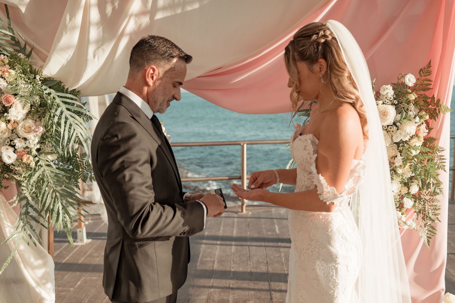 Seaside wedding in Parede, Portugal, with ocean views and golden sunset light near Lisbon.