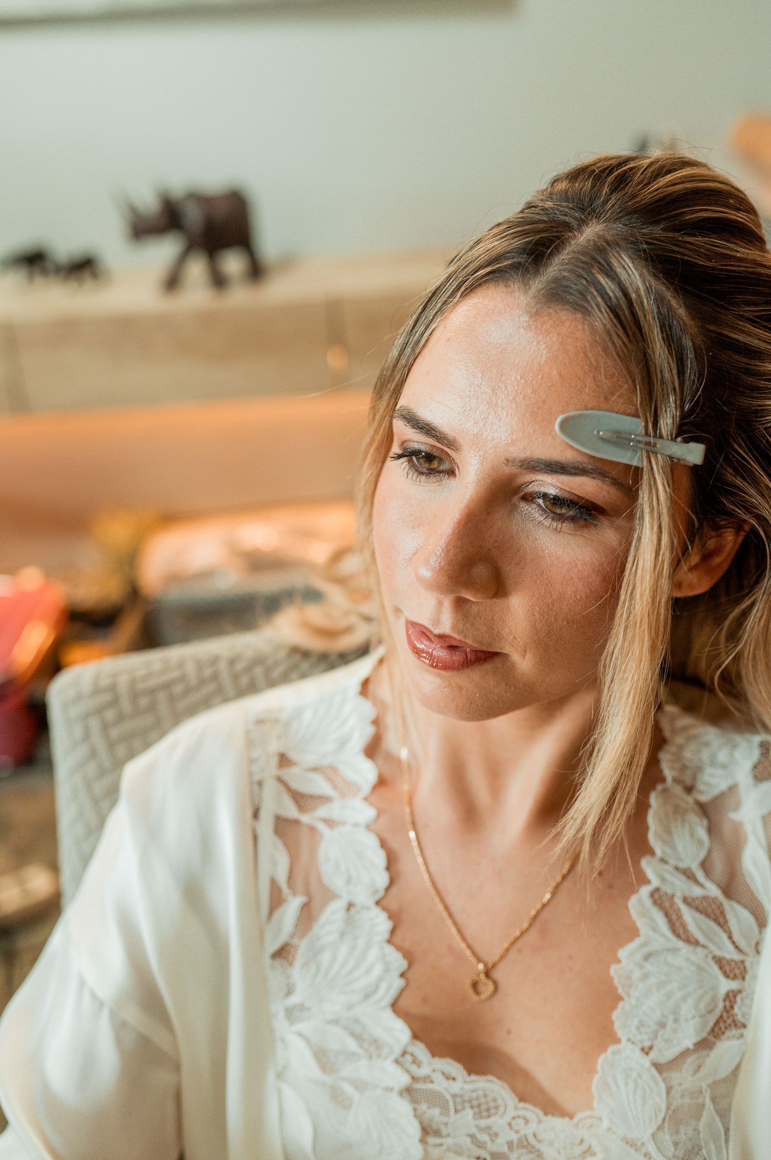 Elegant bride during destination wedding preparations in Cascais, Portugal.