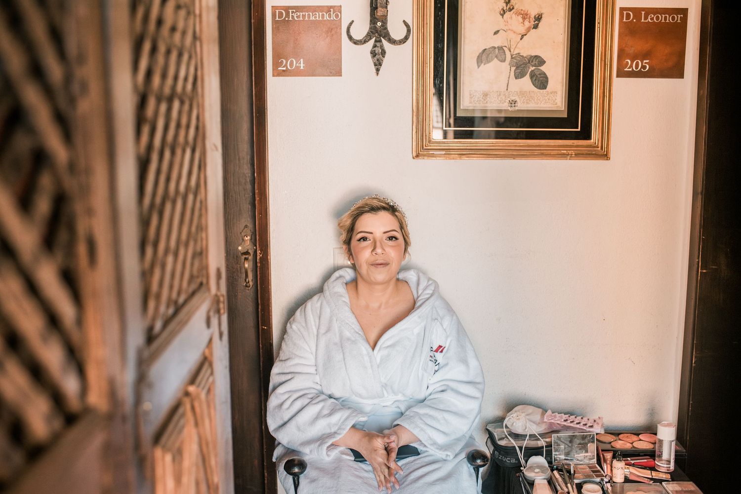 Elegant bride during destination wedding preparations in Óbidos, Portugal.