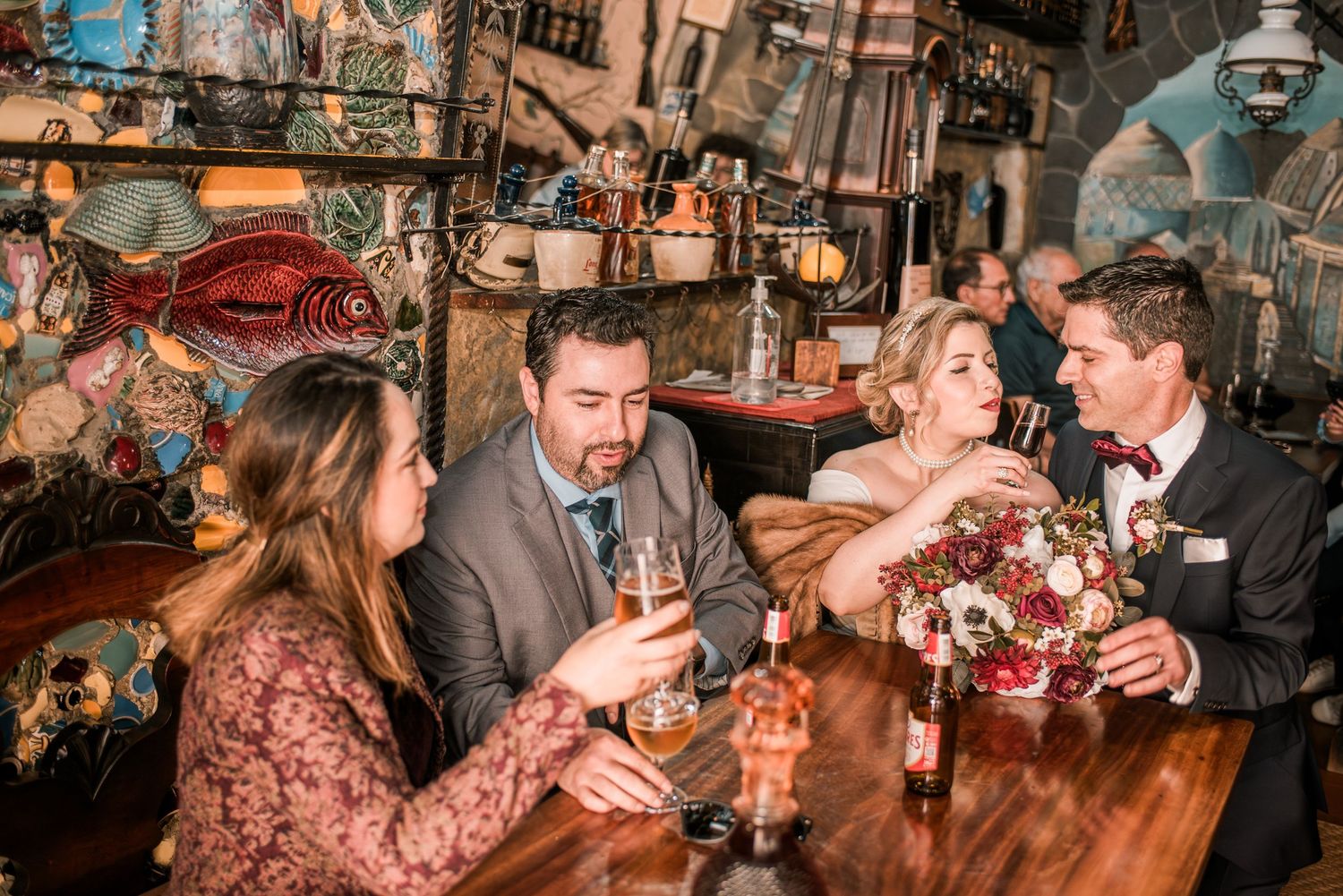 Wedding dinner celebration with family and friends at an intimate destination wedding in Portugal.