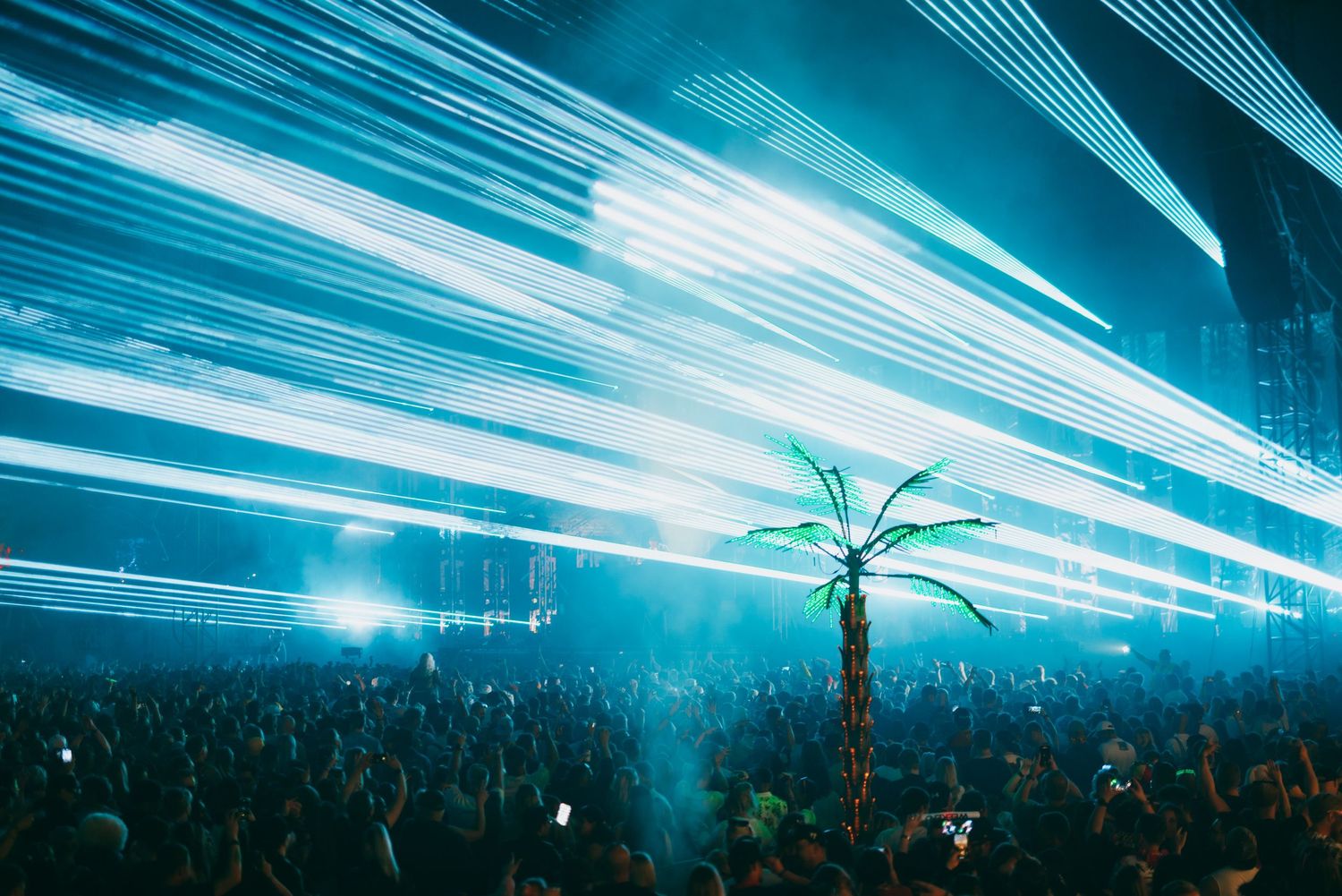 Blue laser lights illuminate a large concert crowd with a glowing palm tree decoration silhouetted against the beams.