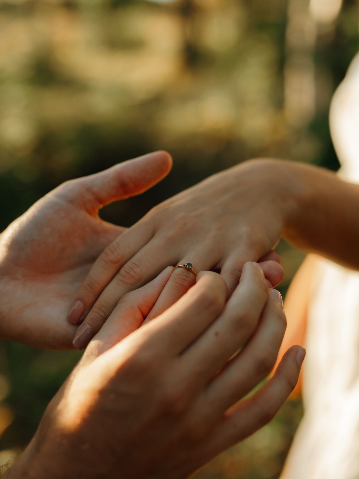 Close-up of hands exchanging engagement ring in warm sunlight with blurred natural background.