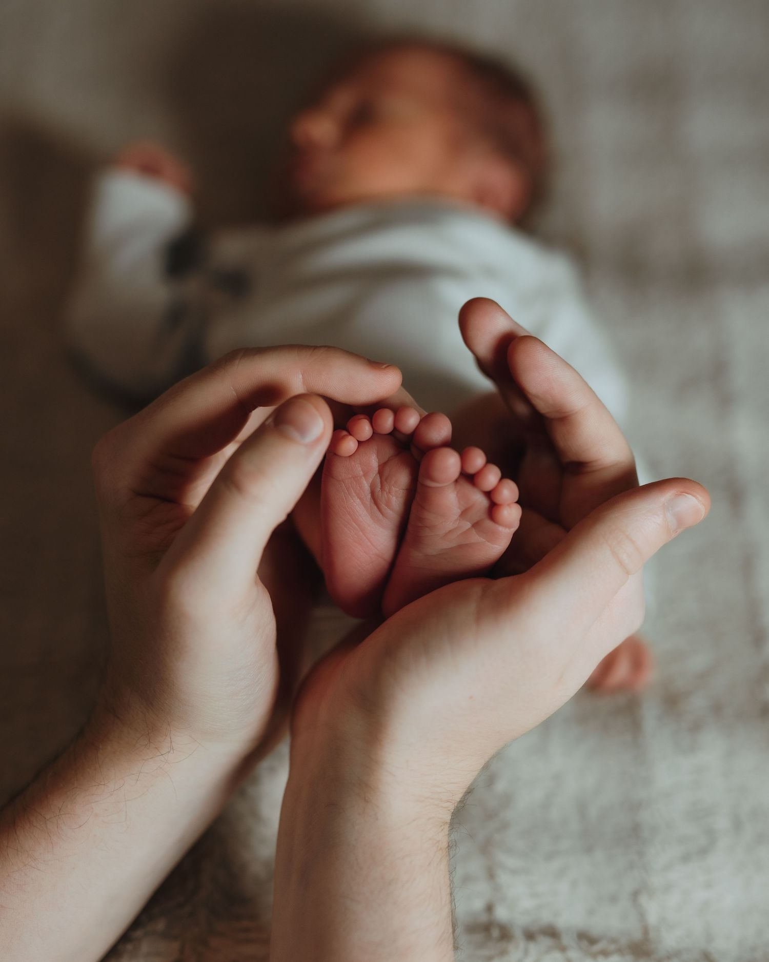 Adult hands gently cradle tiny newborn baby feet against a soft gray textured background.