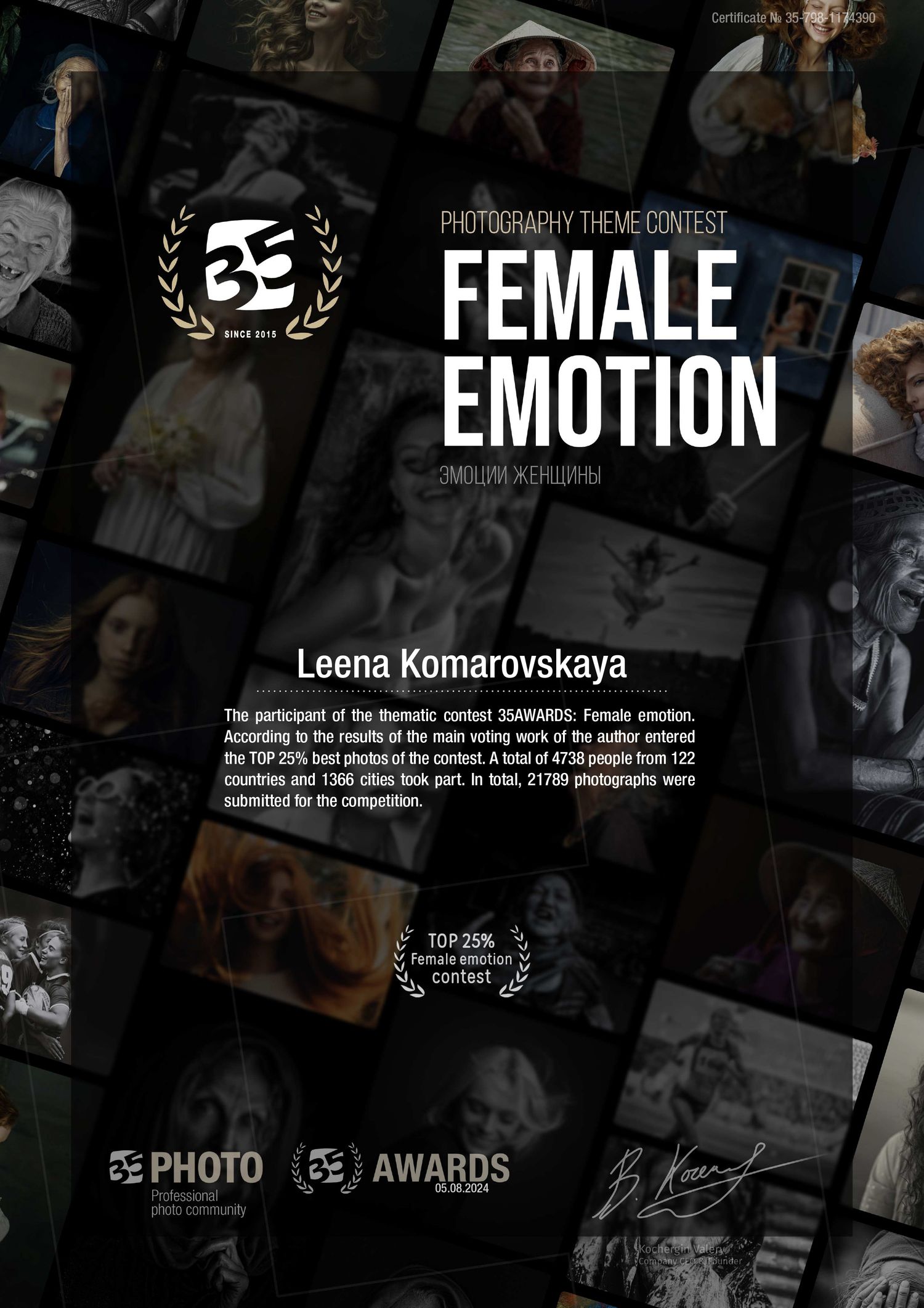 Black and white photography awards poster titled Female Emotion featuring grid of dramatic portrait images.