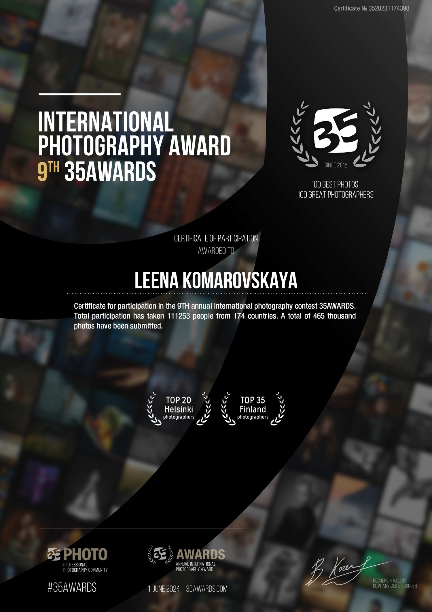Black and white award certificate for 35 International Photography Award with laurel wreath logo and signature.