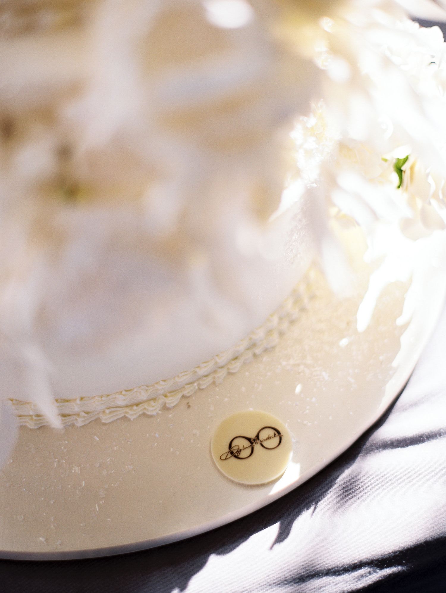 Close-up detail of a delicate white lace design with decorative elements on a light surface.