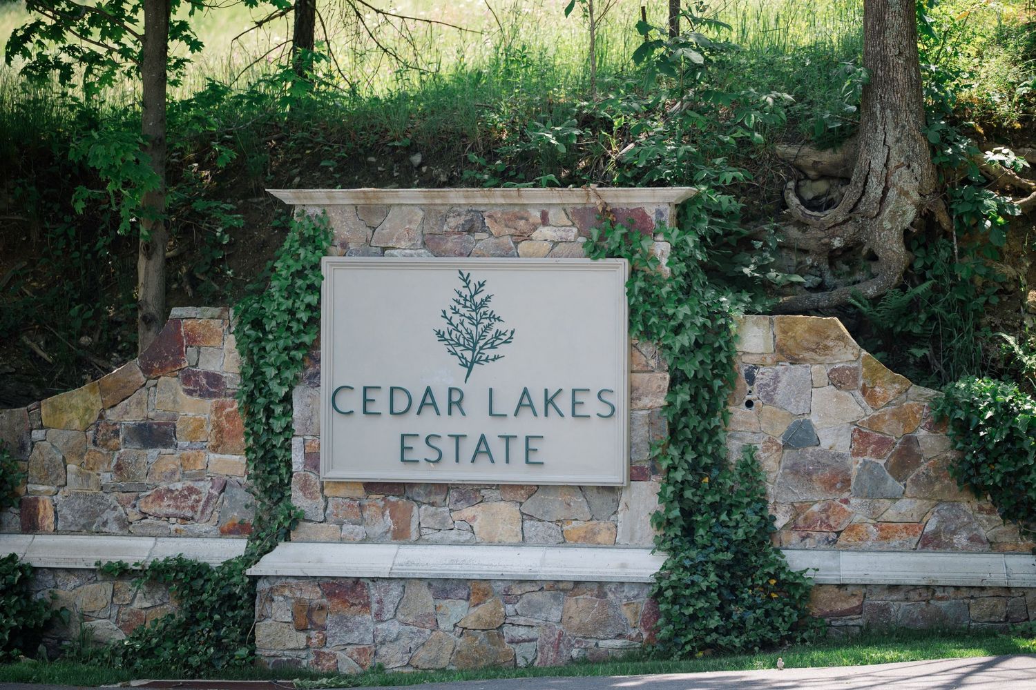 A stone entrance sign for Cedar Lakes Estate featuring a green tree logo surrounded by ivy and natural landscaping.