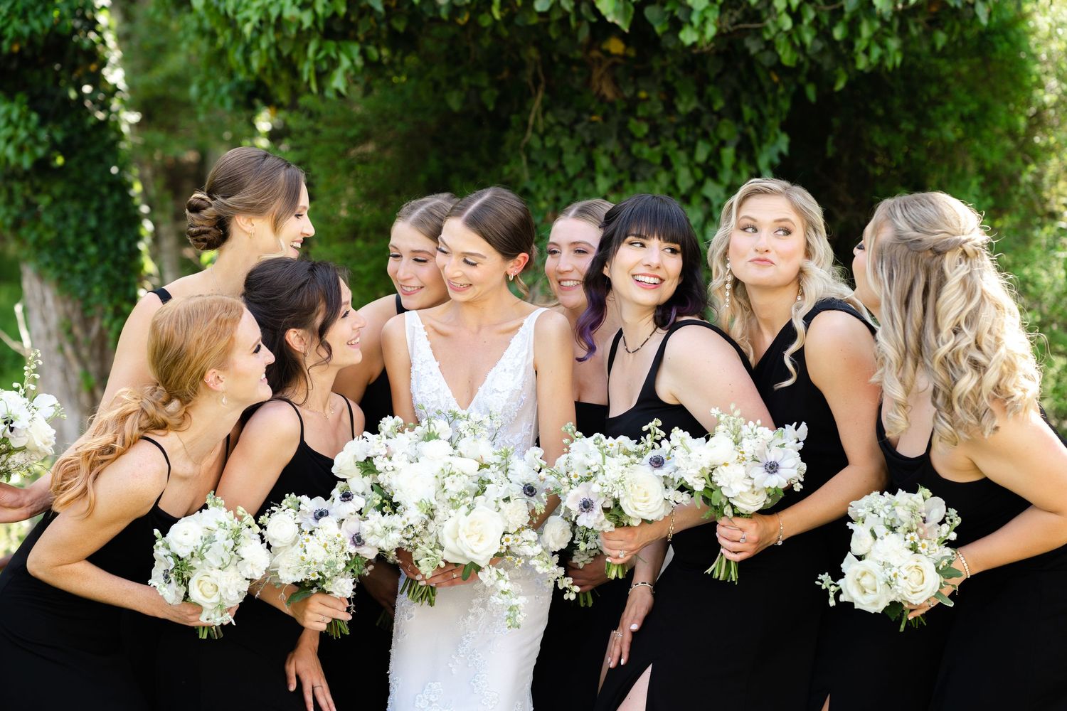 A sequence of bridal party photographs shows people posing with white floral bouquets in black dresses.