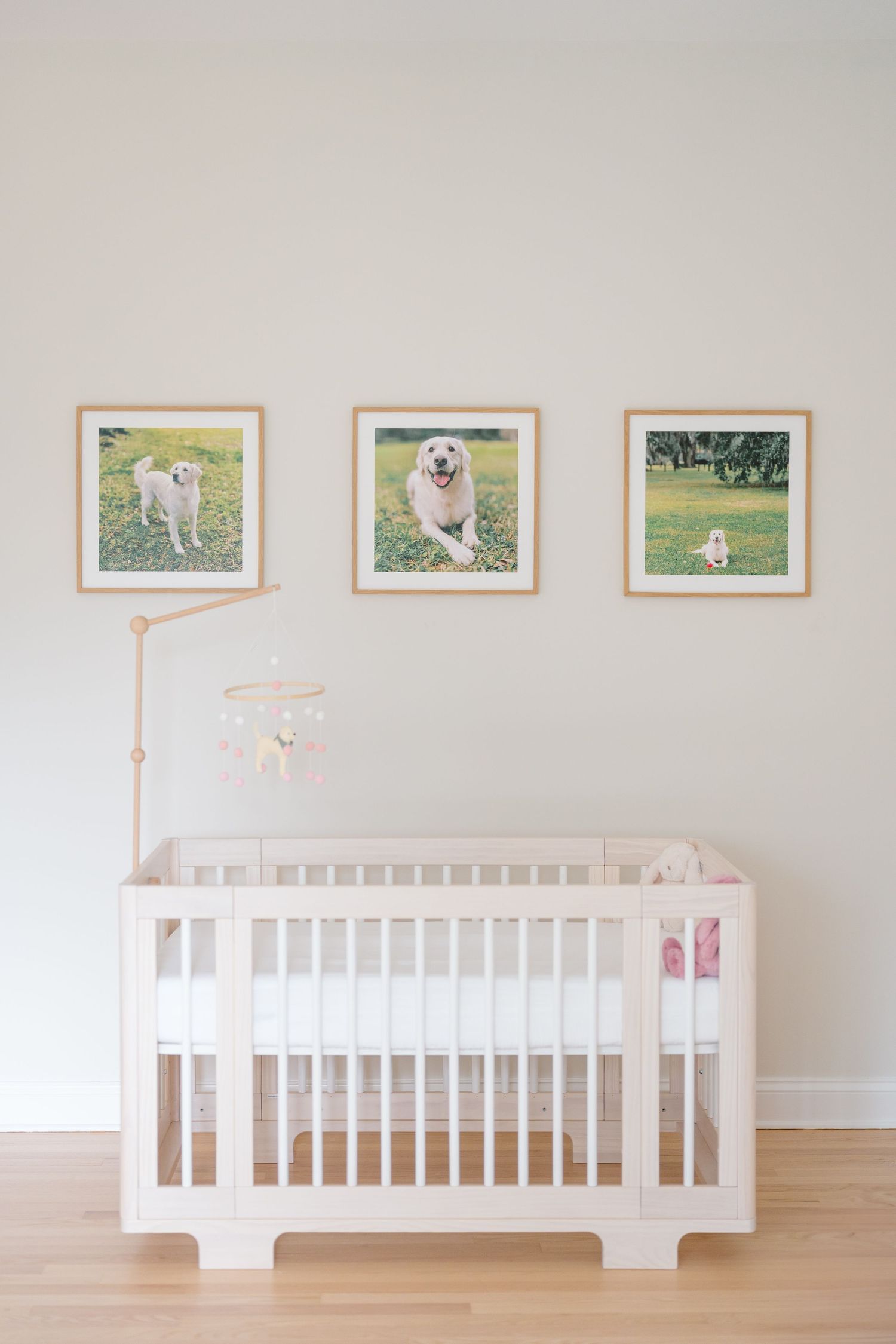 Modern white nursery crib with framed dog photos and a matching mobile on display.