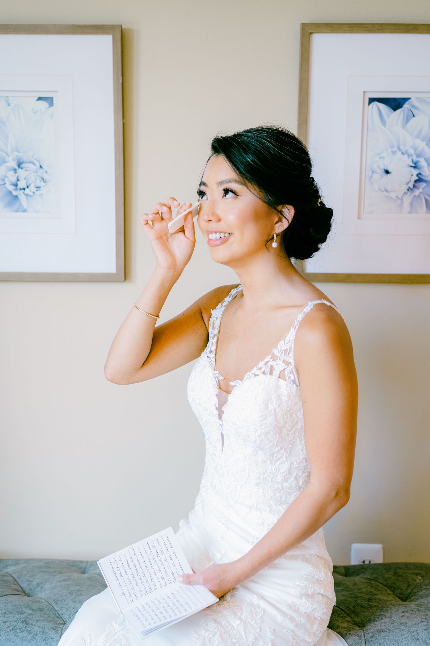 A sequence of photos showing someone in a white wedding dress posing on a bed with framed artwork on the wall.
