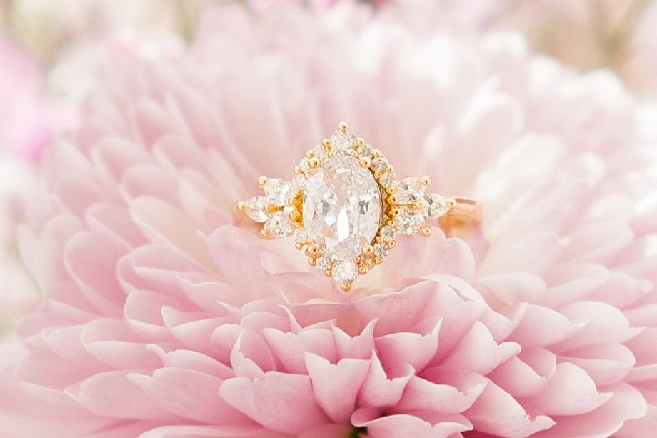 Elegant oval diamond engagement ring with gold band displayed on soft pink chrysanthemum petals.