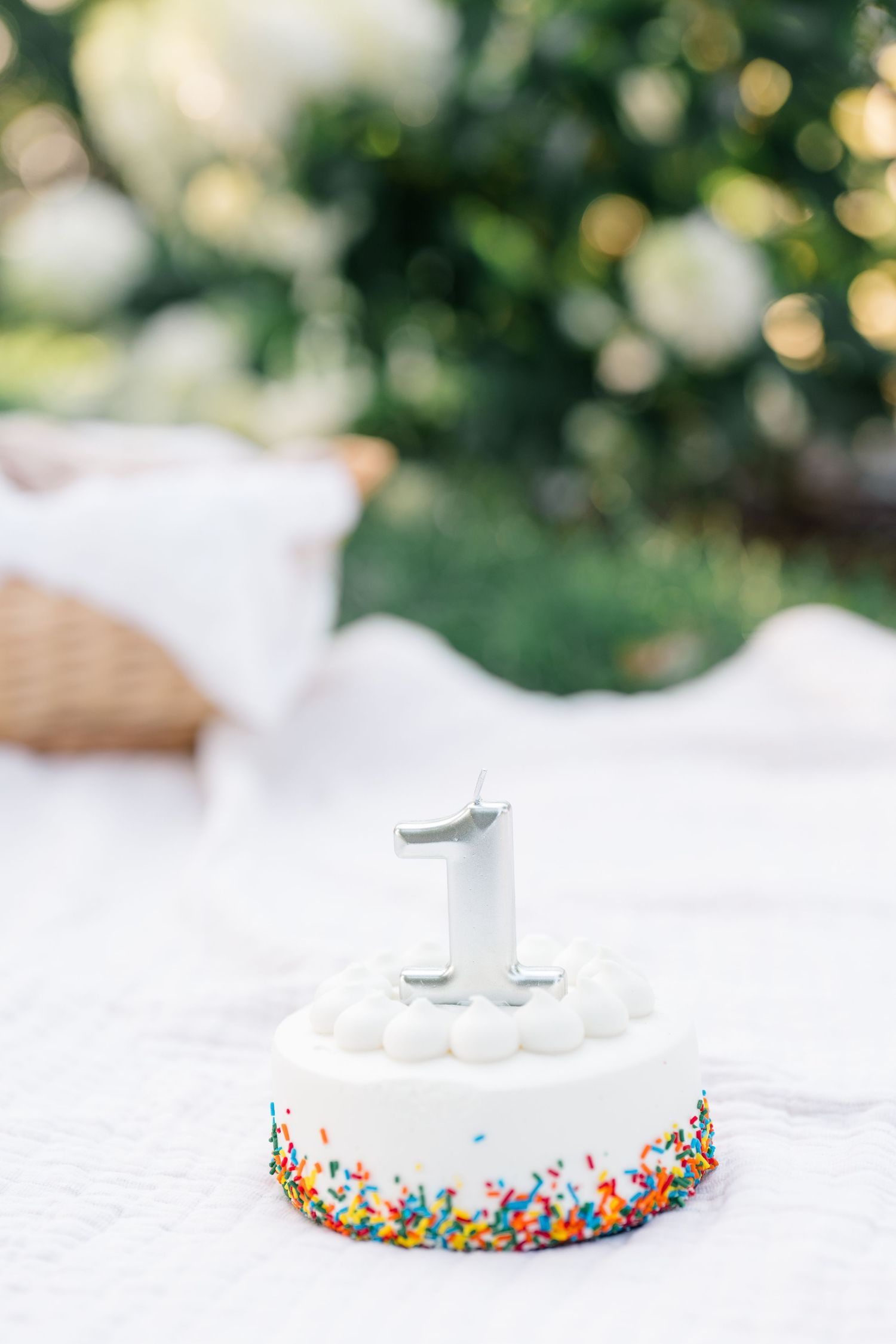 White first birthday cake with colorful sprinkles and silver number 1 candle on white blanket outdoors.