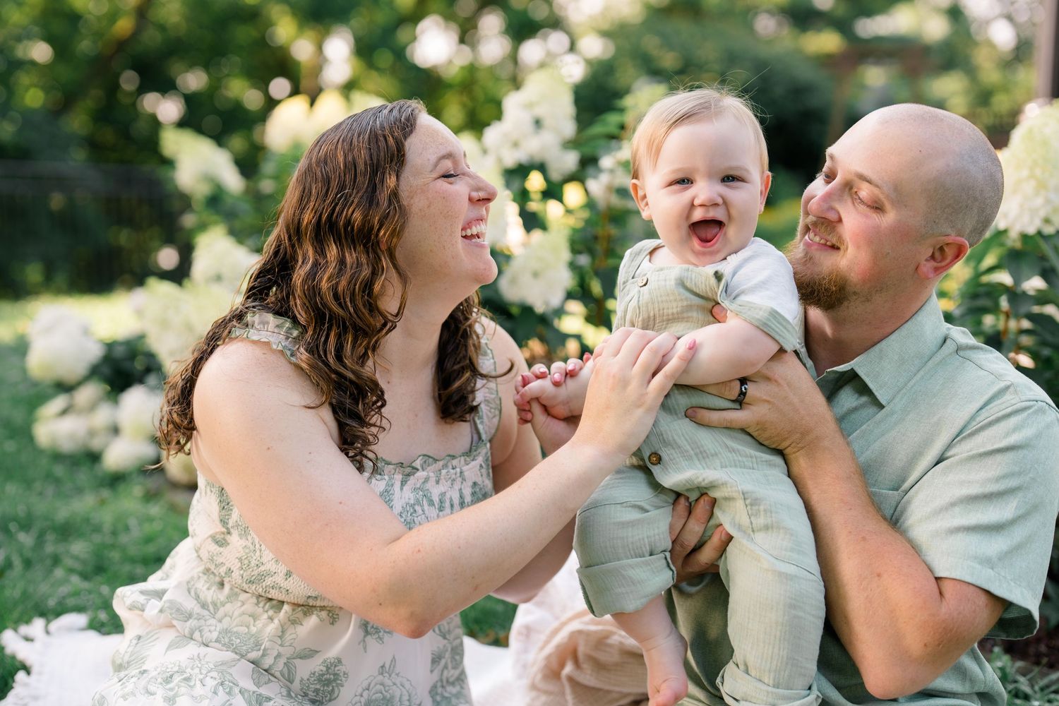 Happy family with laughing baby boy held by smiling parents outdoors among white hydrangea bushes.