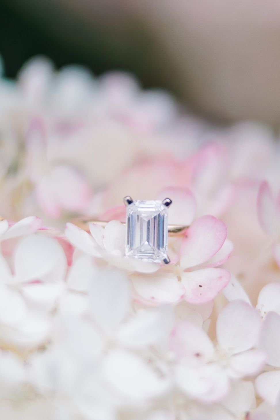 Elegant emerald-cut diamond solitaire engagement ring resting on soft pink and white hydrangea flowers.
