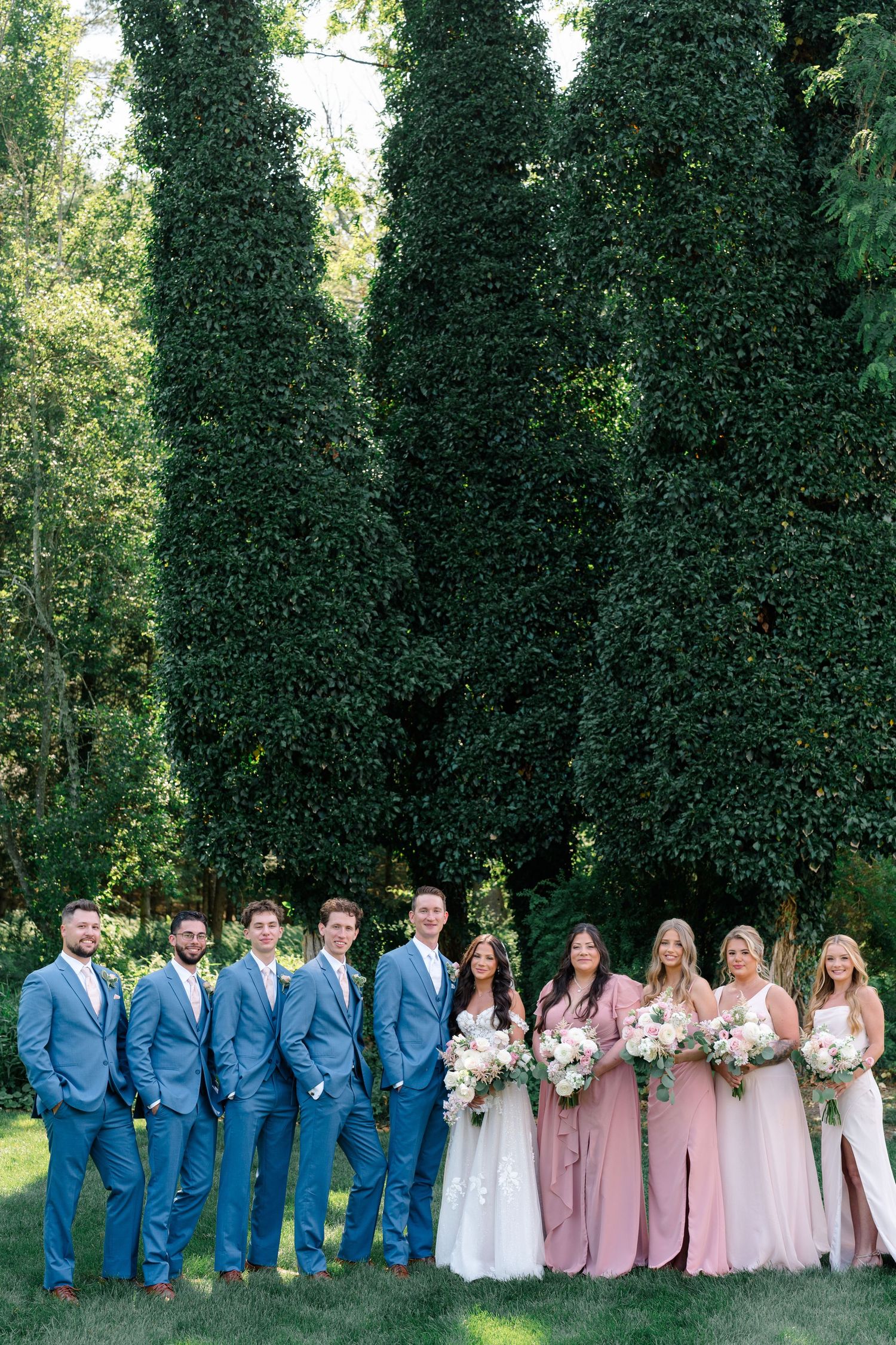 Wedding party in blue suits and dusty pink dresses poses in front of tall evergreen trees.
