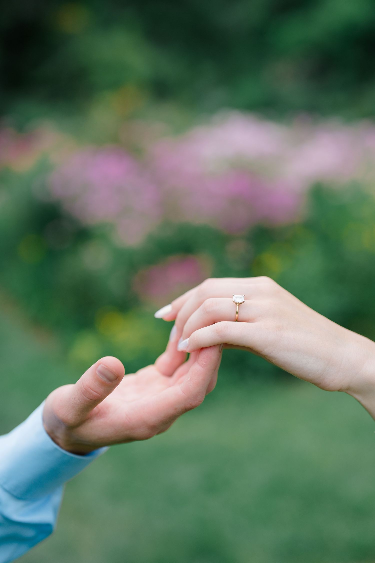 Close-up of couple holding hands outdoors, woman wearing gold engagement ring, green garden with pink flowers in background.