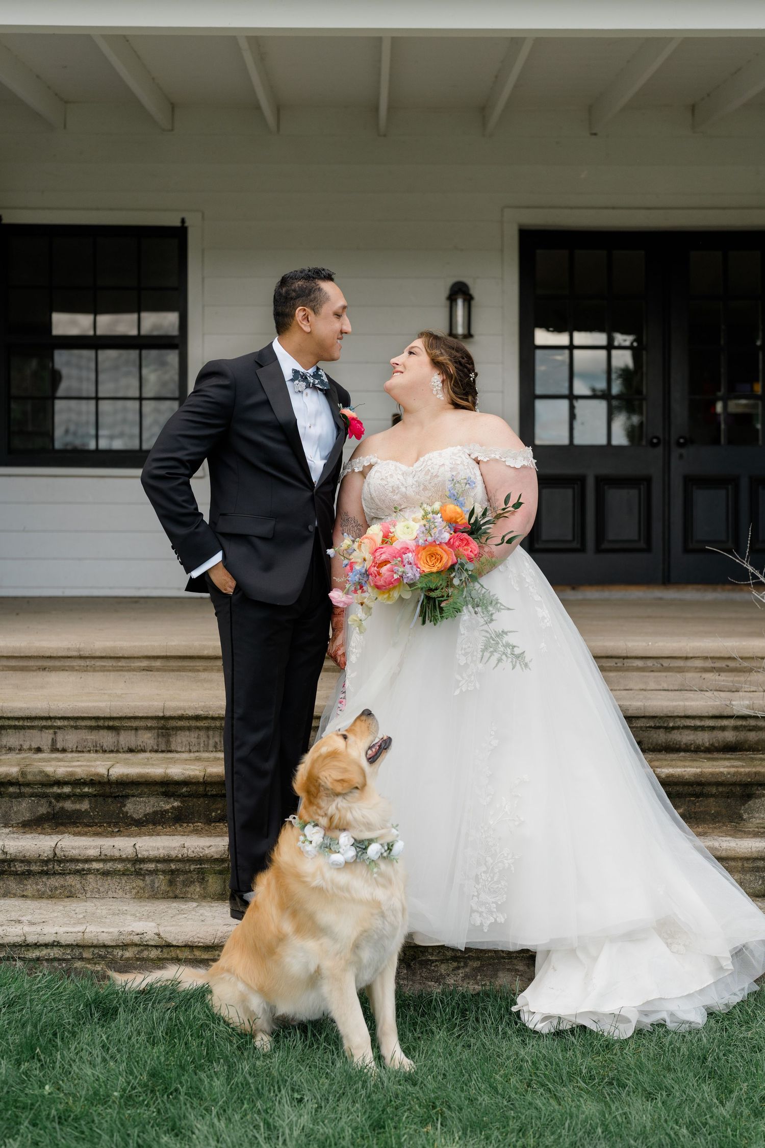 Wedding portrait of newlyweds with their golden retriever on the front steps of a white building.
