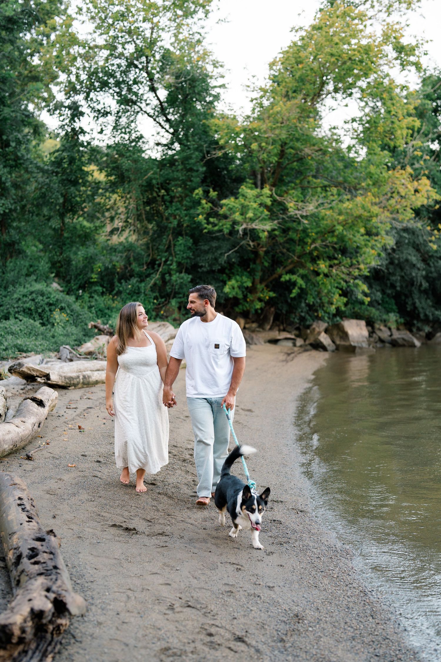Couple holding hands walking their border collie dog along a sandy riverbank surrounded by lush green trees.