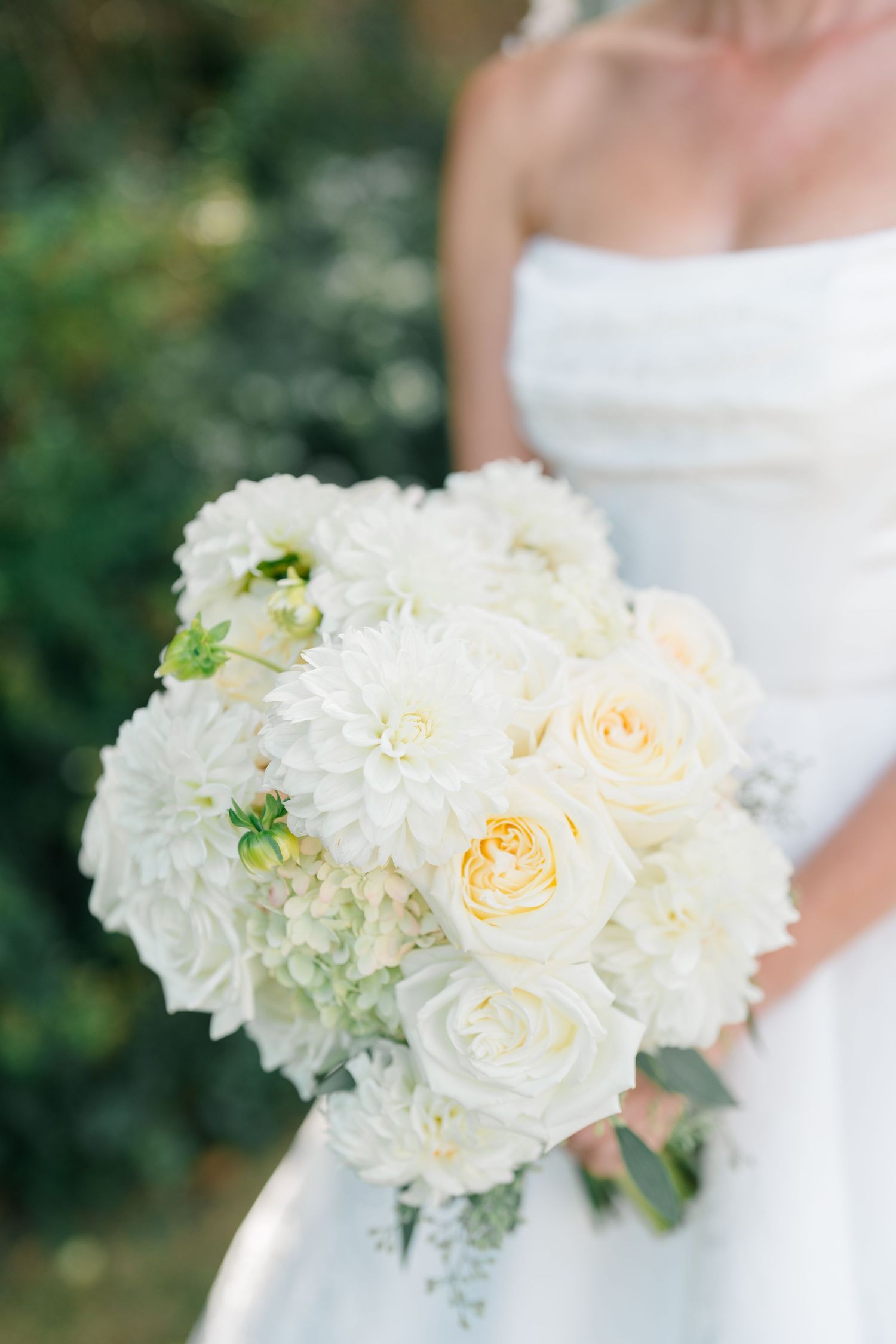 Bride in white strapless gown holding lush bouquet of white dahlias and cream roses with green foliage backdrop.