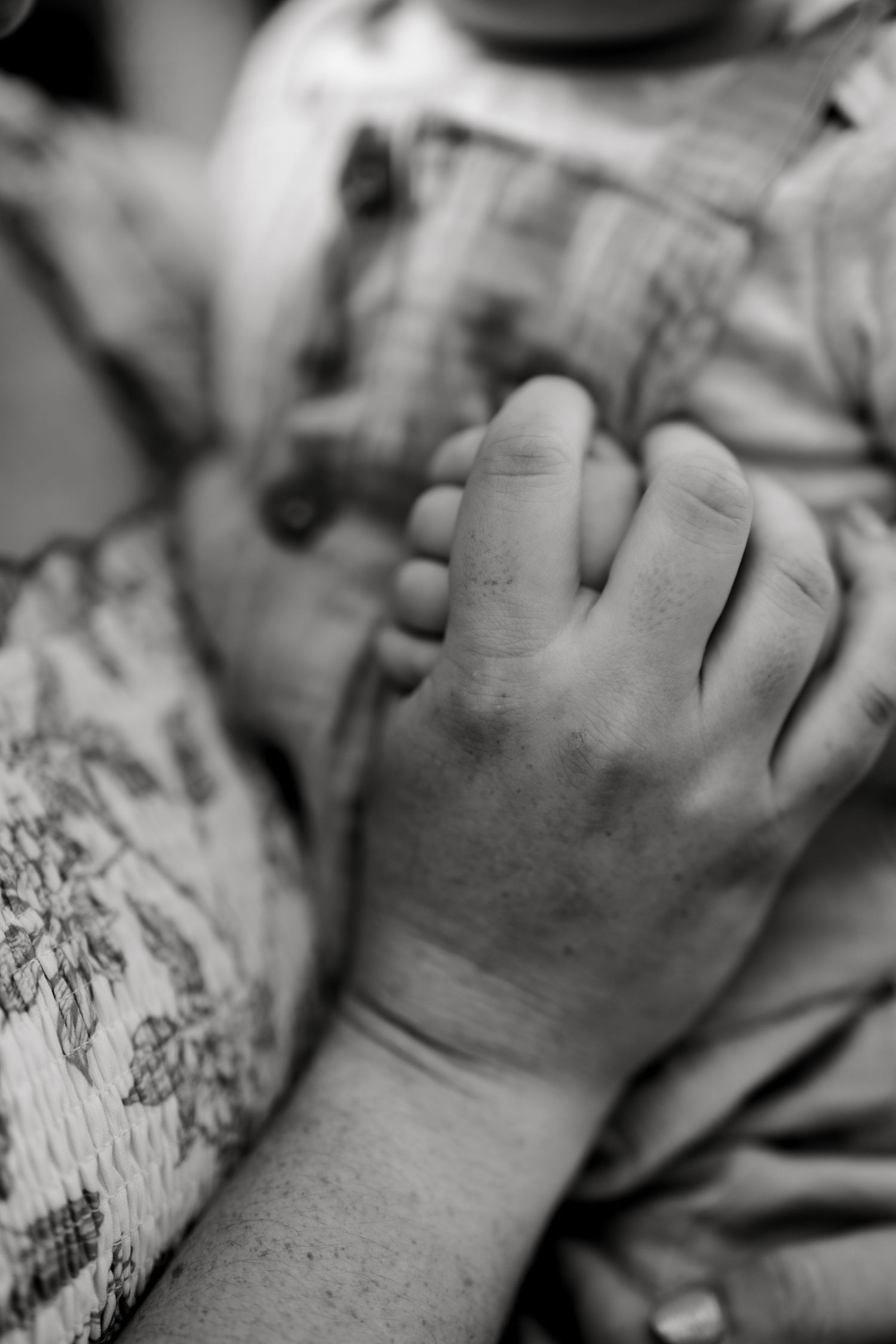 Black and white photo of an adult hand gently holding a small baby's hand, symbolizing love and connection.