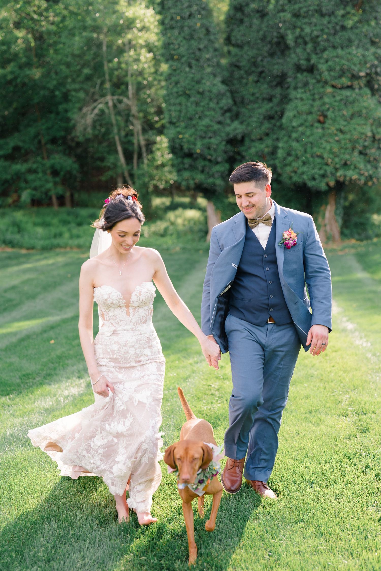 A newlywed couple walks their brown dog across a lush green lawn on their wedding day.