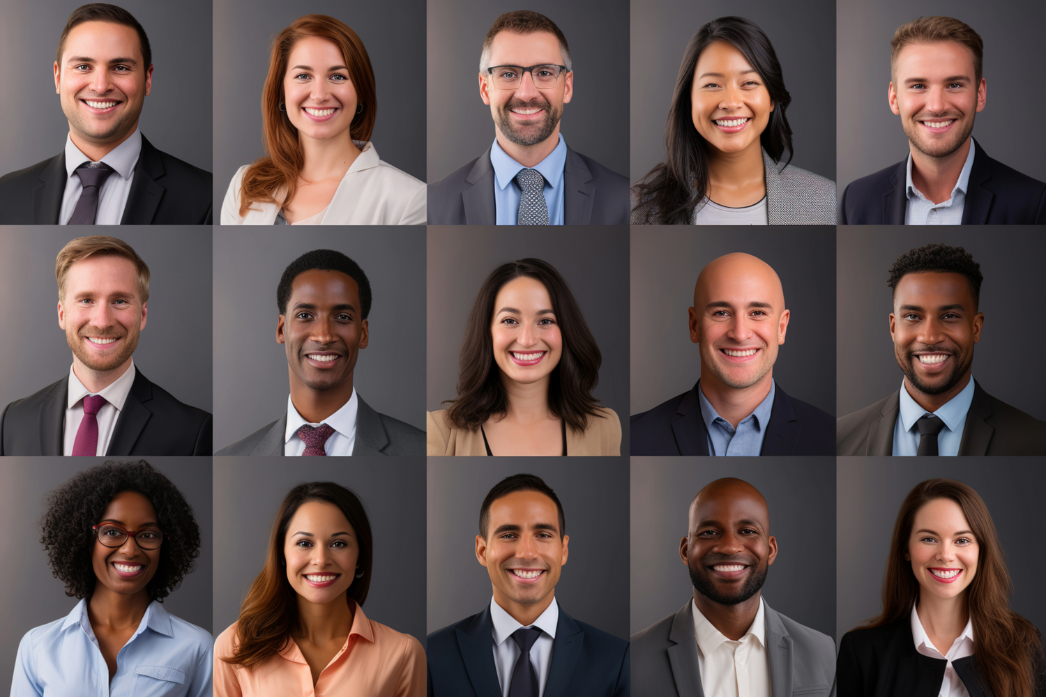 Professional corporate headshots of business team members against gray backgrounds arranged in grid layout.