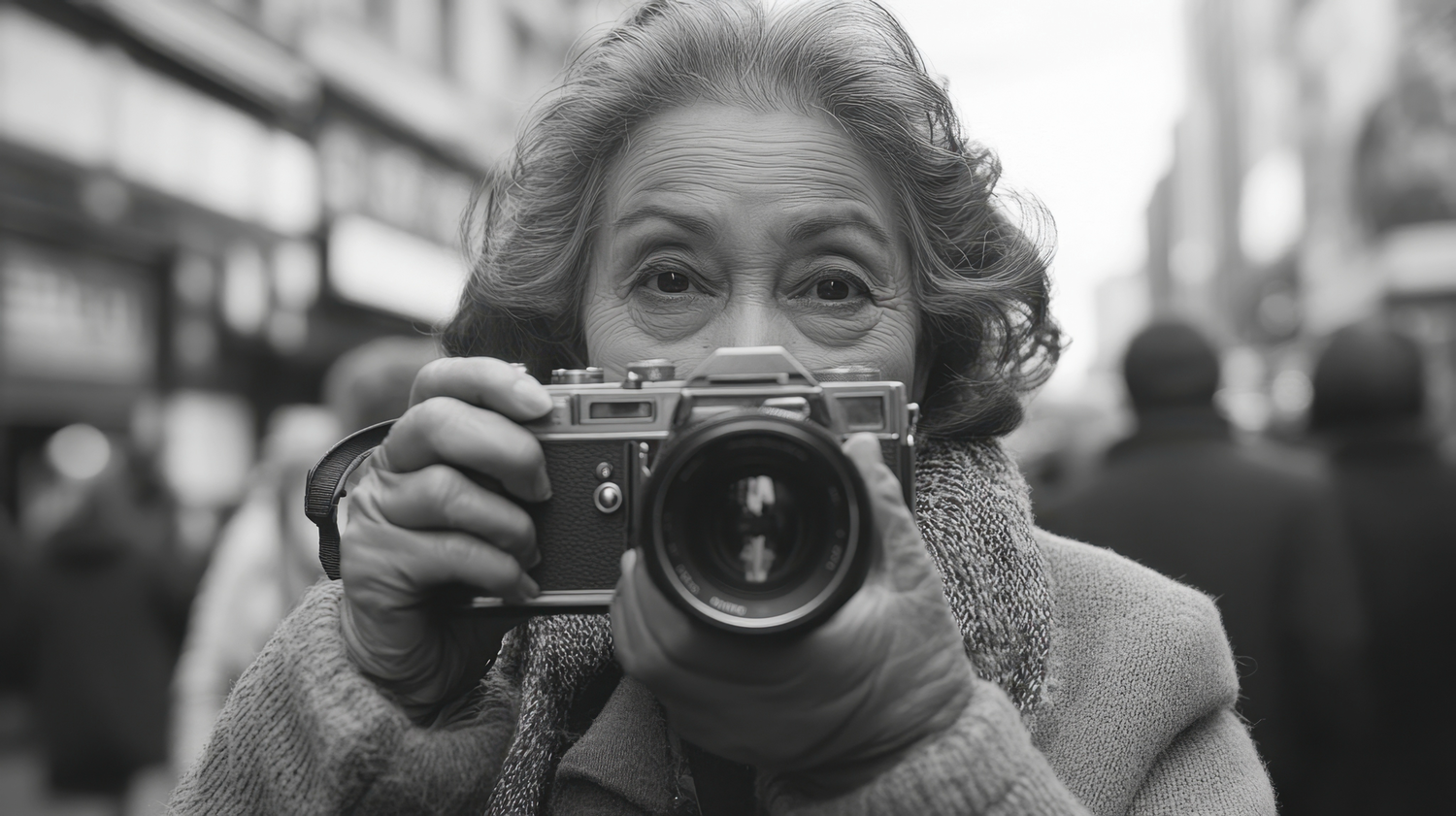 Photographer with a professional camera and telephoto lens in a black and white street photography scene.