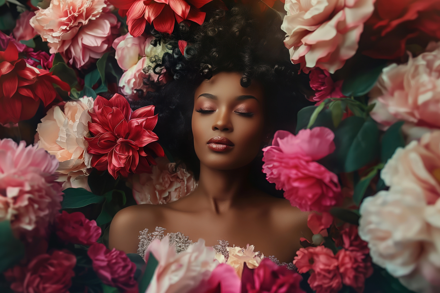 Artistic portrait surrounded by vibrant pink and red flowers creating a romantic garden backdrop.