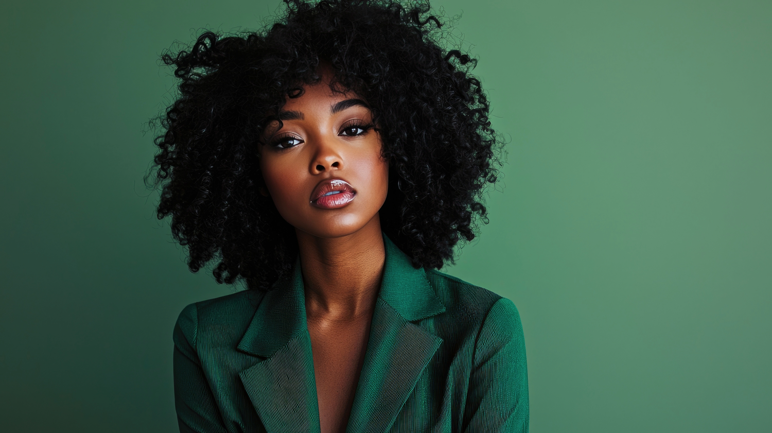 Professional portrait of a model wearing an emerald green blazer against a green background with natural curly hair.