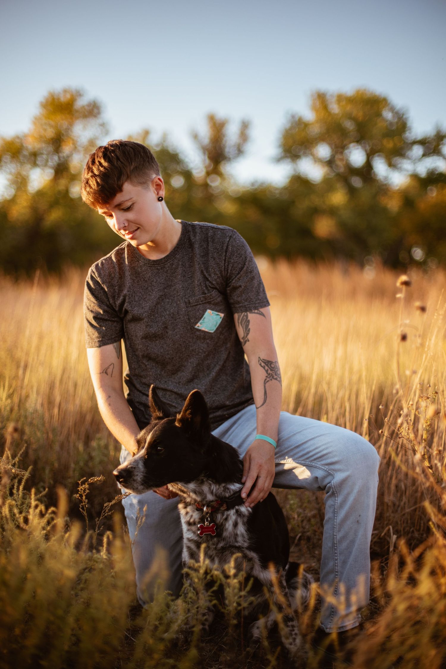 Person in grey t-shirt sits with black dog in tall golden grass during sunset.